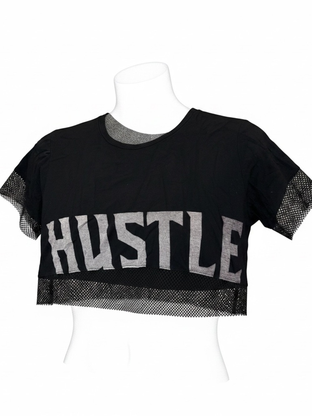 Hustle Graphic Crop Top with Mesh Trim - Black